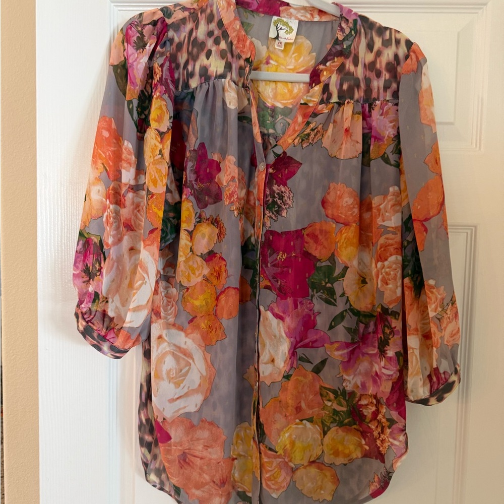 Anthropologie fig and flower Floral Sheer Blouse in Gray, Pink, Orange, Yellow